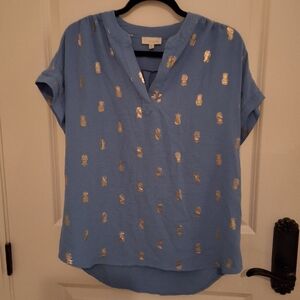 Chenault Blue Blouse with Gold Pineapple Print